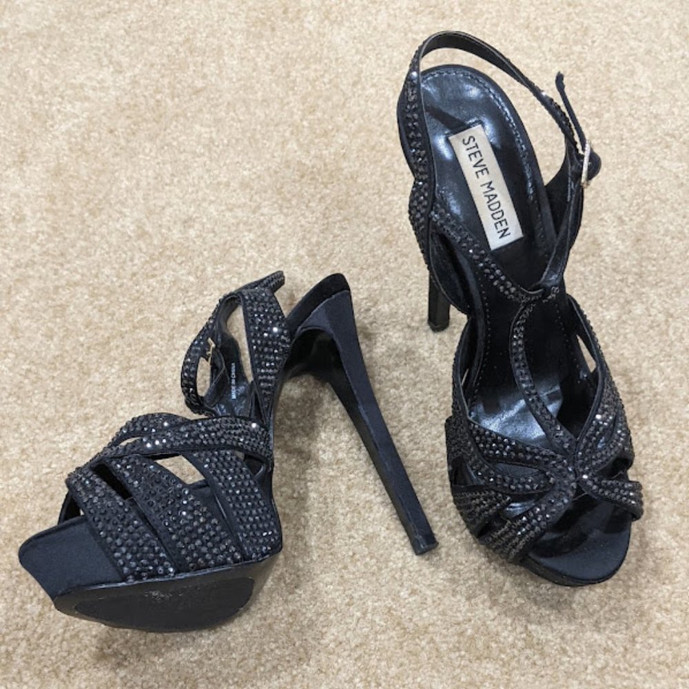Steve Madden Rhinestone Black Platform Heels Gem